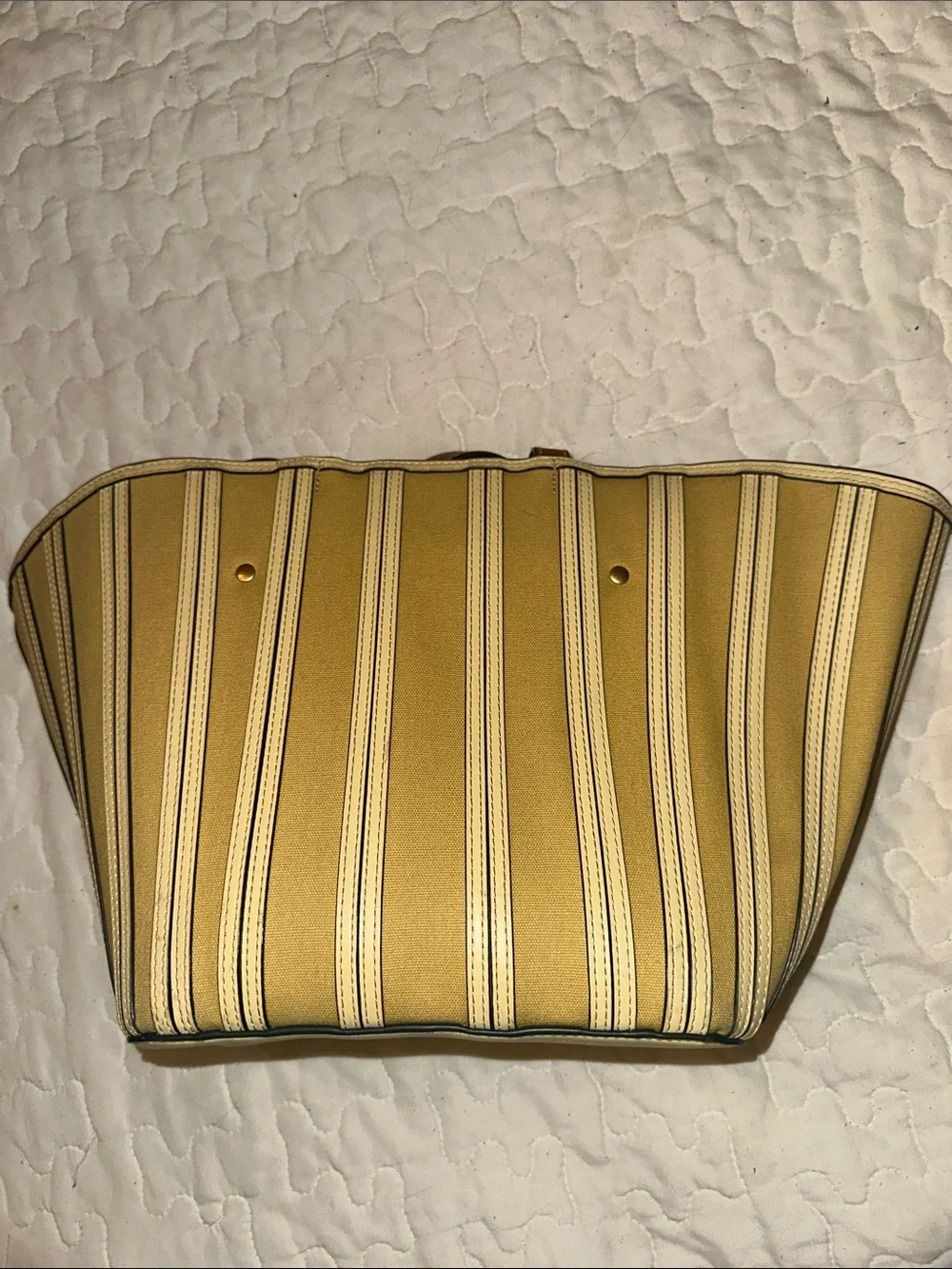 Tory Burch Mustard and Cream Striped Canvas Tote with Brown Handles